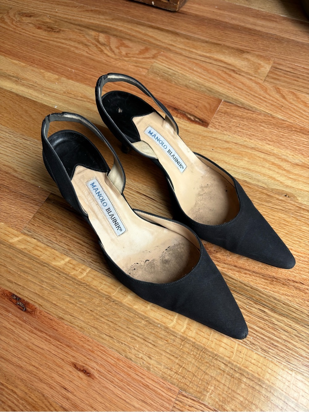 Manolo Blahnik Satin Navy Slingback Kitten Heels